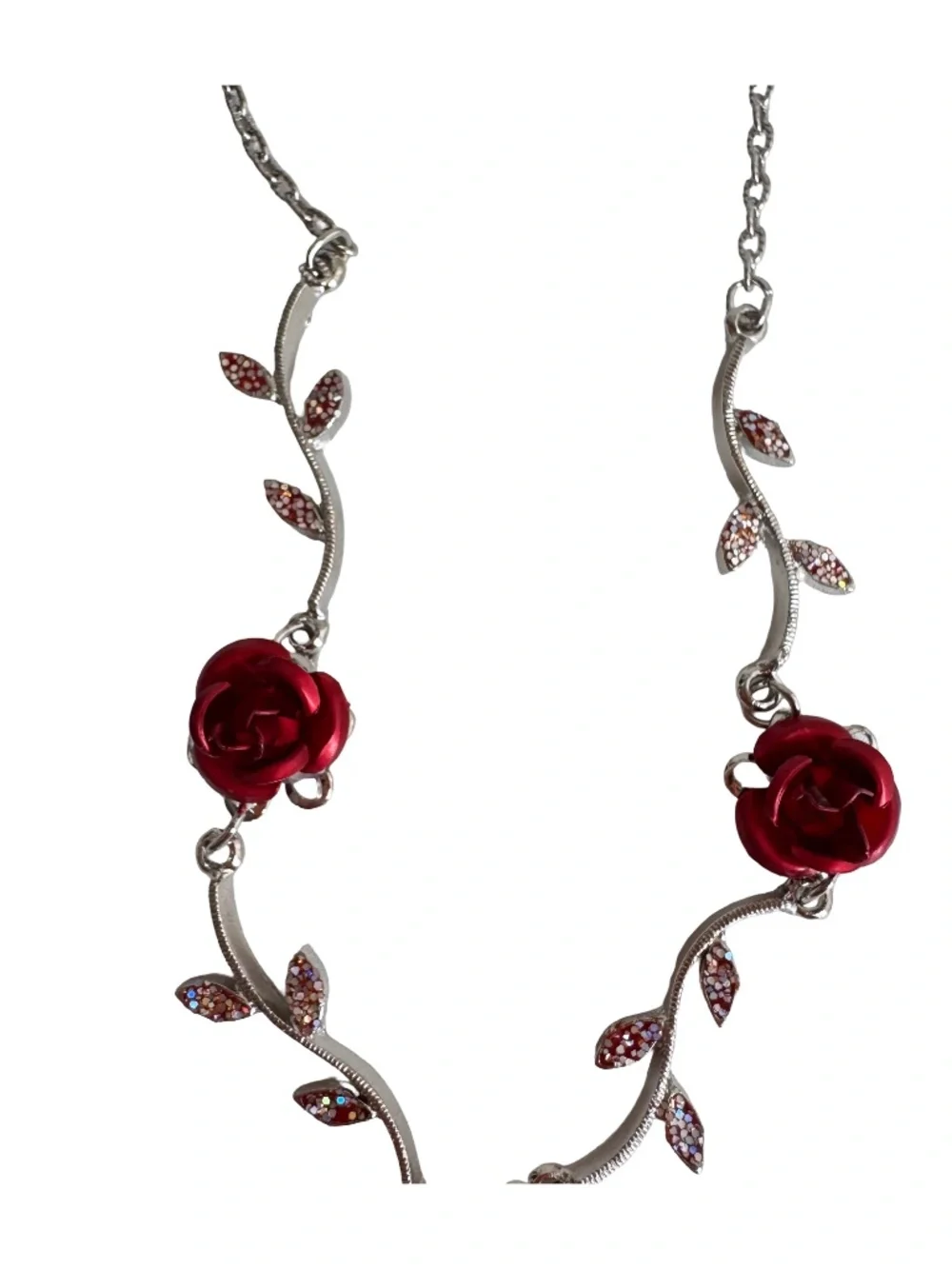 Vintage Red Rose Enamel Necklace Y Drop Crystal Leaf Silver Tone Floral 15